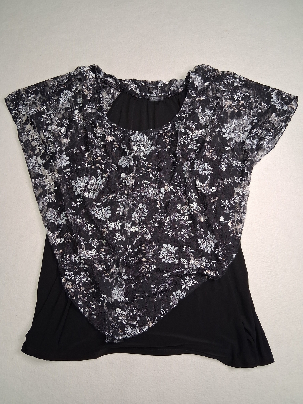 Clientele Black Floral Lace Overlay Short Sleeve Top
